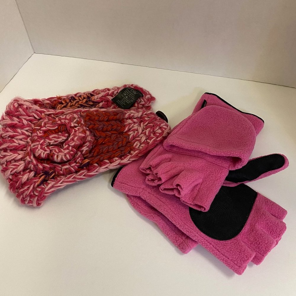 Pink Mitten gloves & Head Wrap with Button